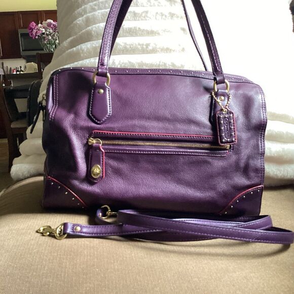 RARE Coach Poppy Studded Purple Leather East West Satchel Retired - Picture 1 of 6